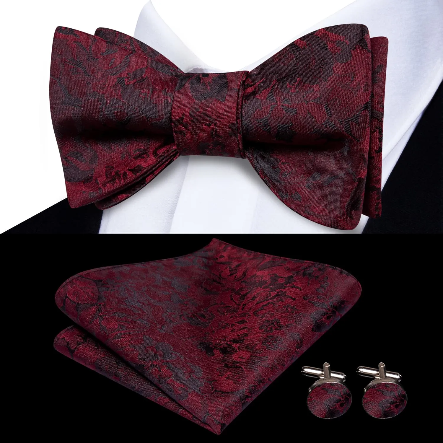 Hi-Tie Burgundy Red Bowtie Black Floral Formal Tie Hanky Cufflinks Set