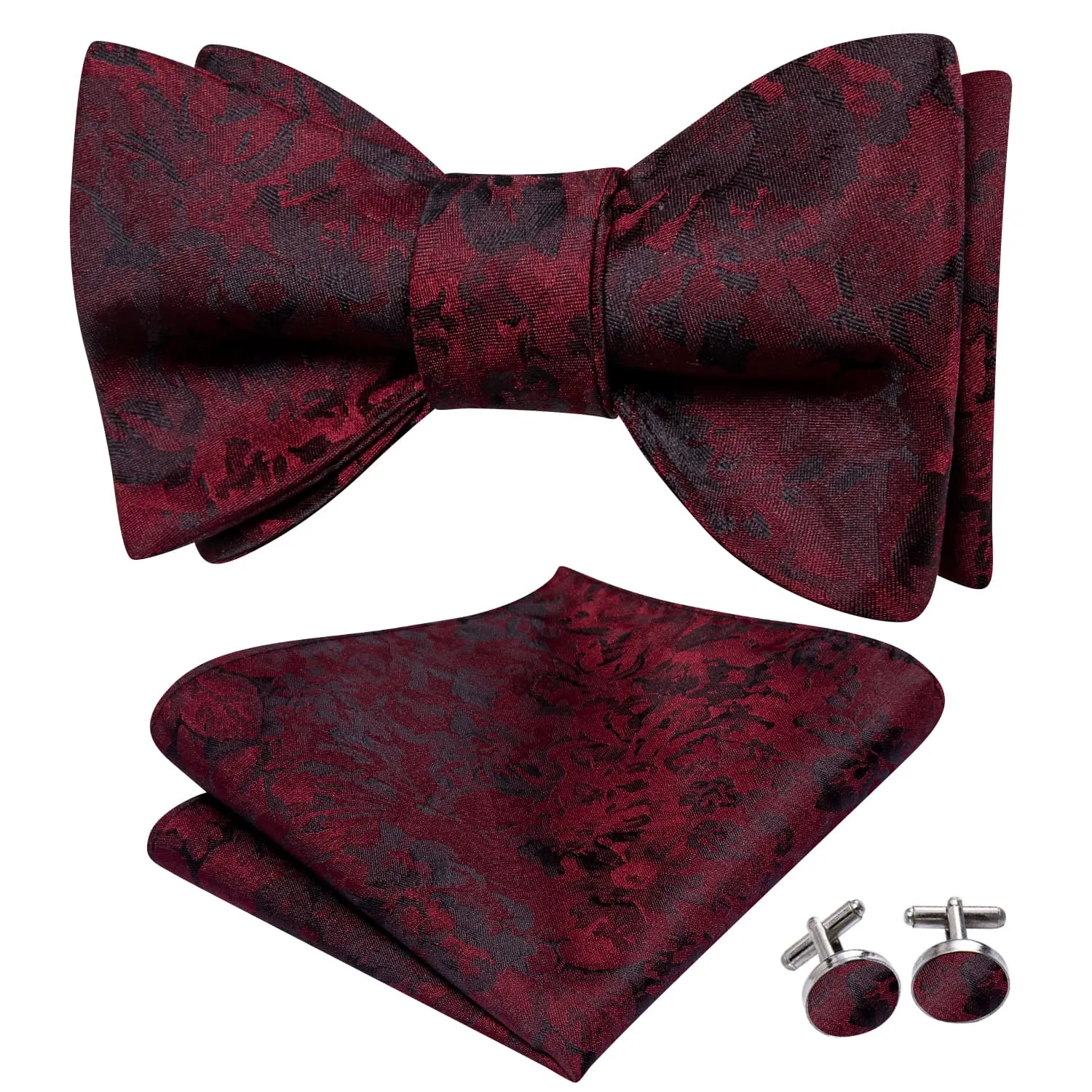 Hi-Tie Burgundy Red Bowtie Black Floral Formal Tie Hanky Cufflinks Set