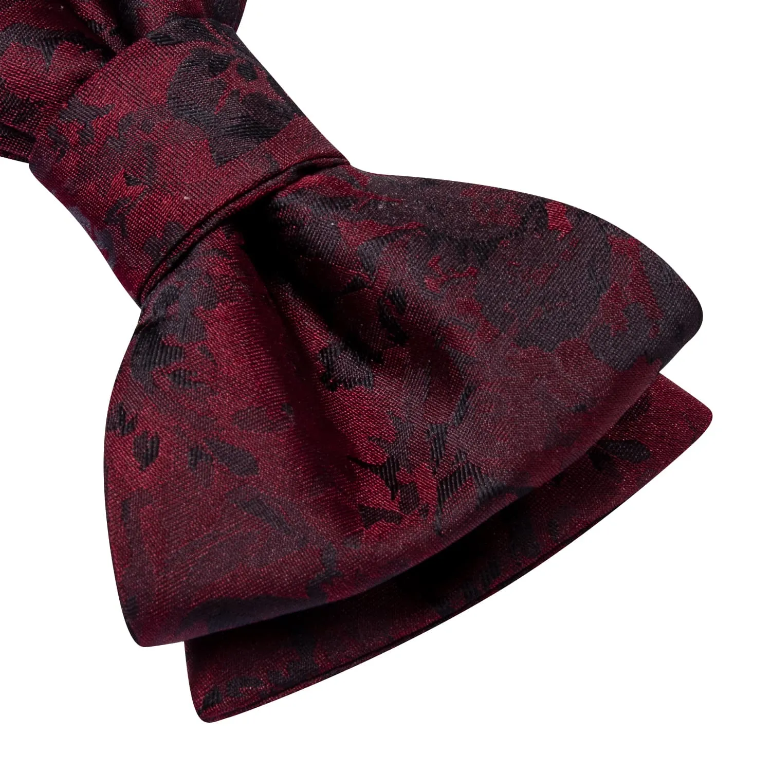 Hi-Tie Burgundy Red Bowtie Black Floral Formal Tie Hanky Cufflinks Set