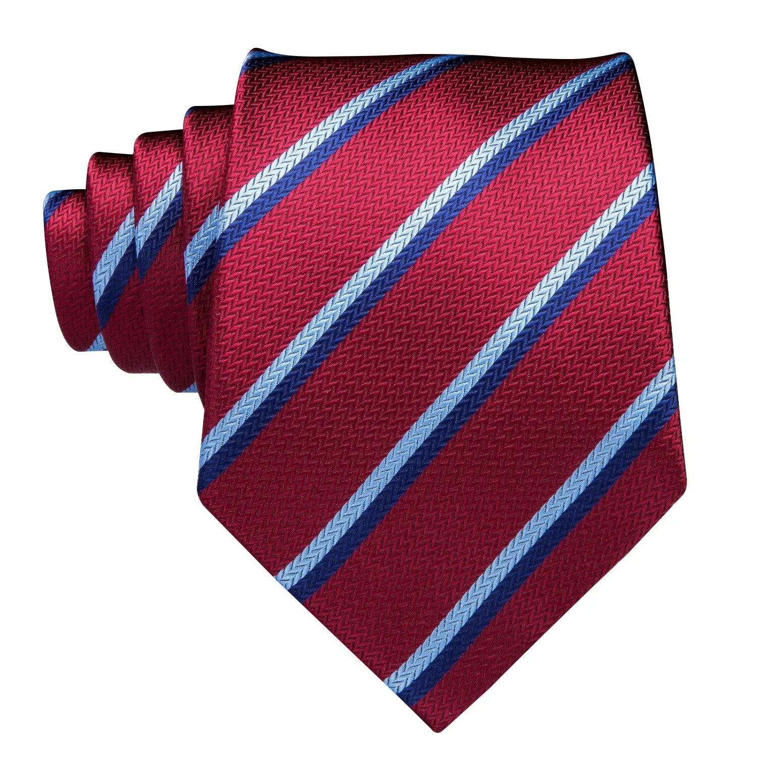 Hi-Tie Burgundy Red Necktie Blue White Stripes Tie Hanky Cufflinks Set