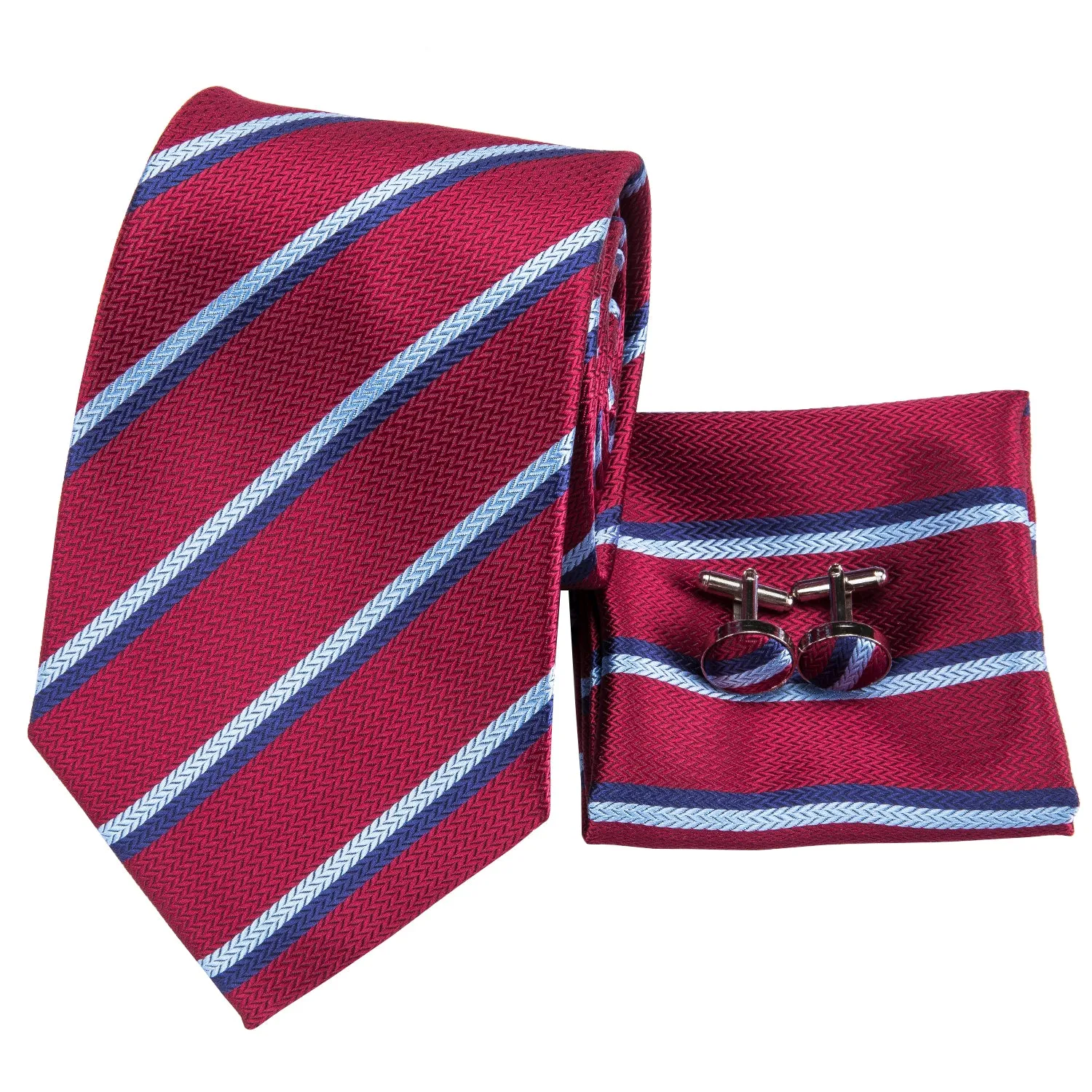 Hi-Tie Burgundy Red Necktie Blue White Stripes Tie Hanky Cufflinks Set