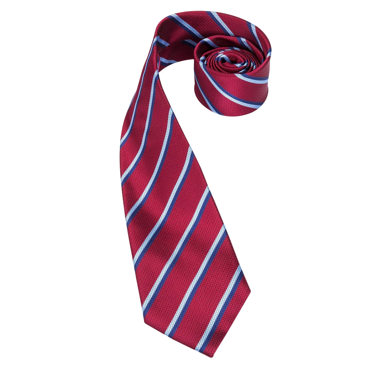 Hi-Tie Burgundy Red Necktie Blue White Stripes Tie Hanky Cufflinks Set