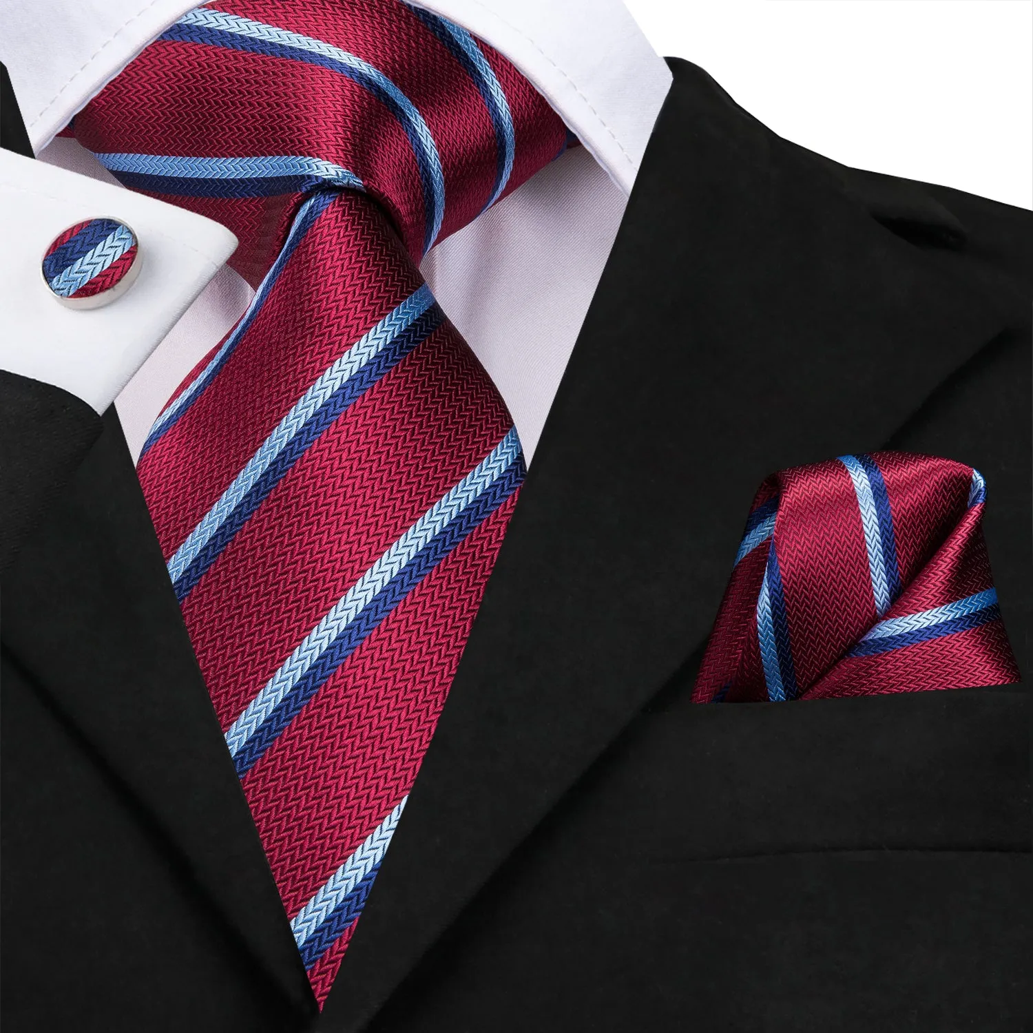 Hi-Tie Burgundy Red Necktie Blue White Stripes Tie Hanky Cufflinks Set