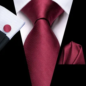 Hi-Tie Burgundy Red Solid Men's Necktie Pocket Square Cufflinks Set