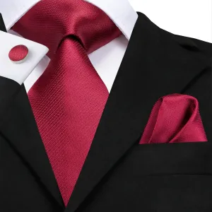 Hi-Tie Burgundy Red Striped Men's Neck Tie Pocket Square Cufflinks Set