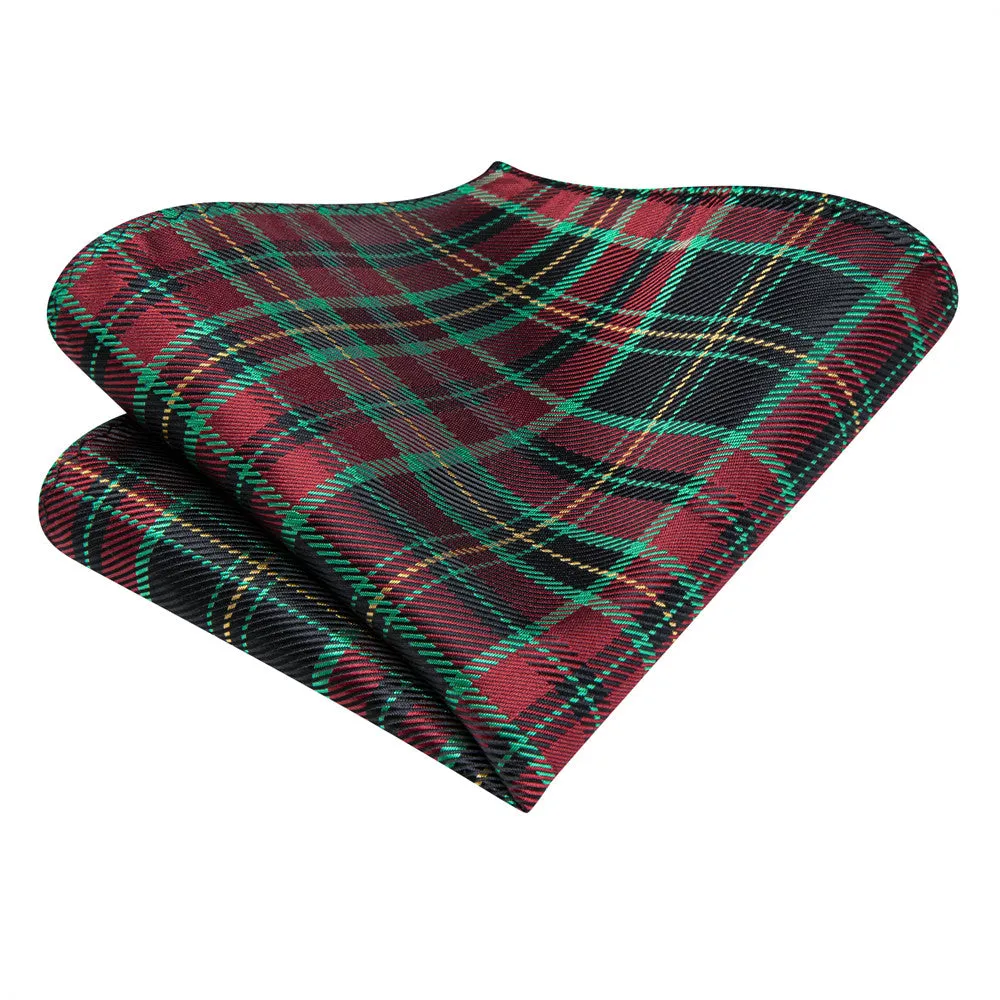 Hi-Tie Green Red Plaid Silk Mens Dress Tie Hanky Cufflinks Set