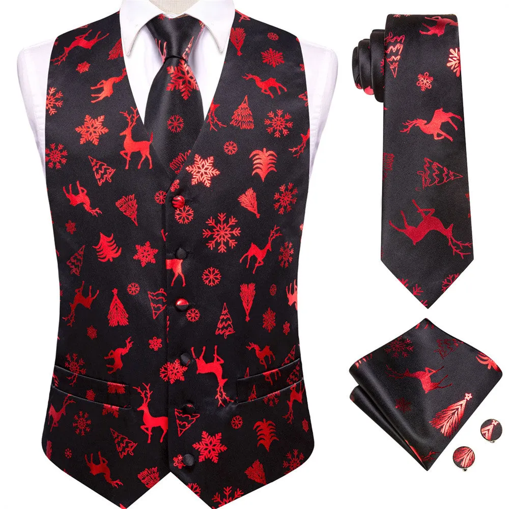 Hi-Tie Mens Waistcoat Black Red Christmas Tree Elements Vest Necktie Set