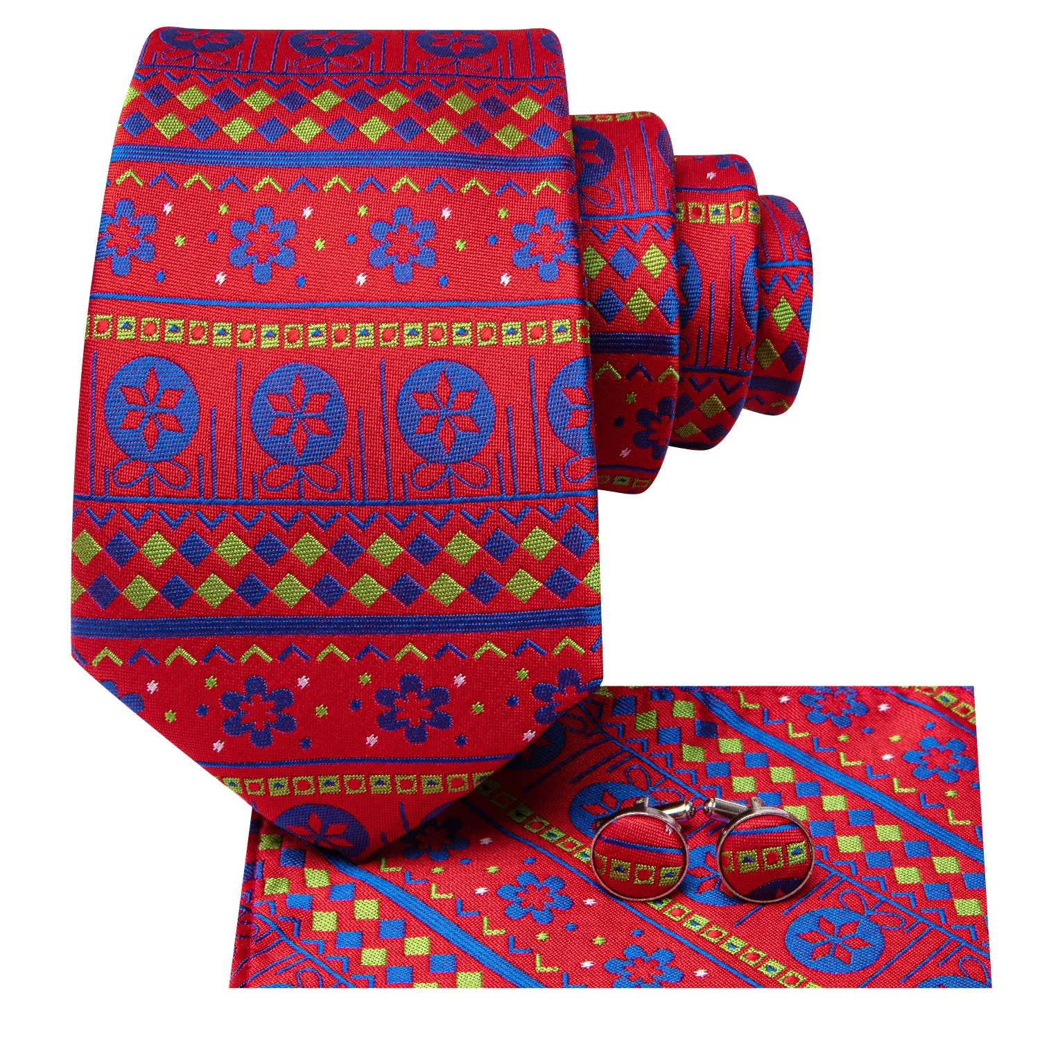 Hi-Tie Red Blue Novelty Flower Candy Tie Pocket Square Cufflinks Set