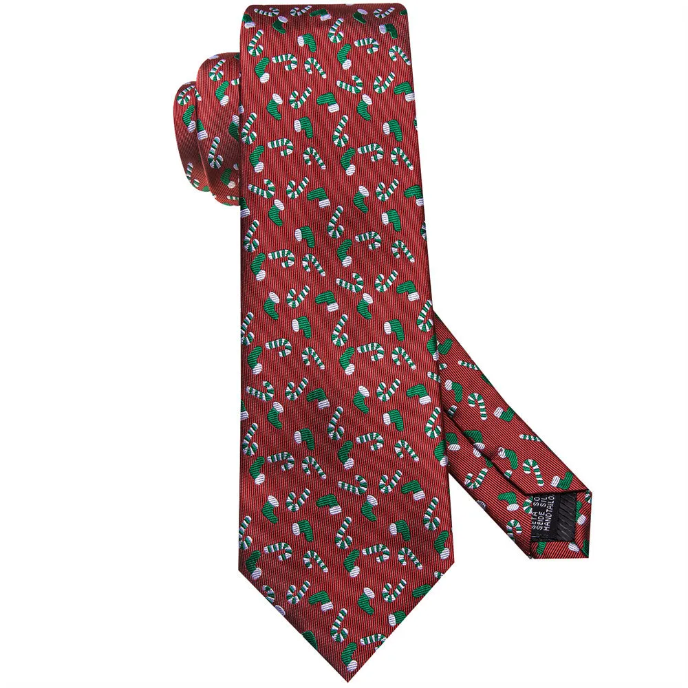 Hi-Tie Red Christmas Gloves Cane Tie Pocket Square Cufflinks Set