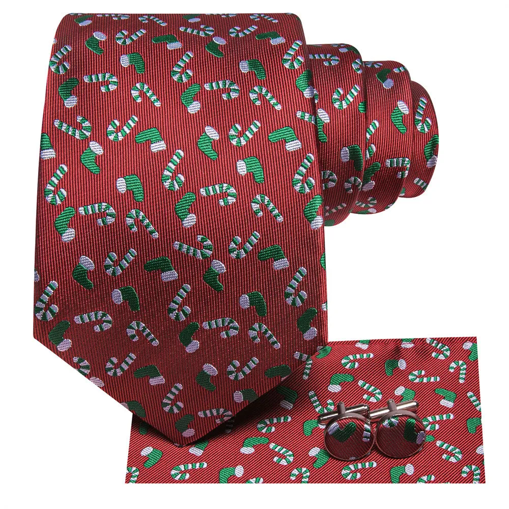 Hi-Tie Red Christmas Gloves Cane Tie Pocket Square Cufflinks Set