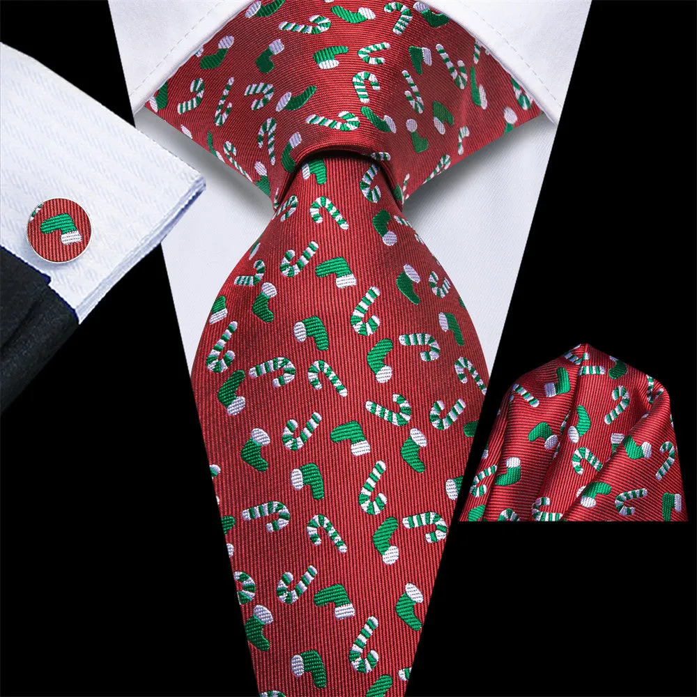 Hi-Tie Red Christmas Gloves Cane Tie Pocket Square Cufflinks Set