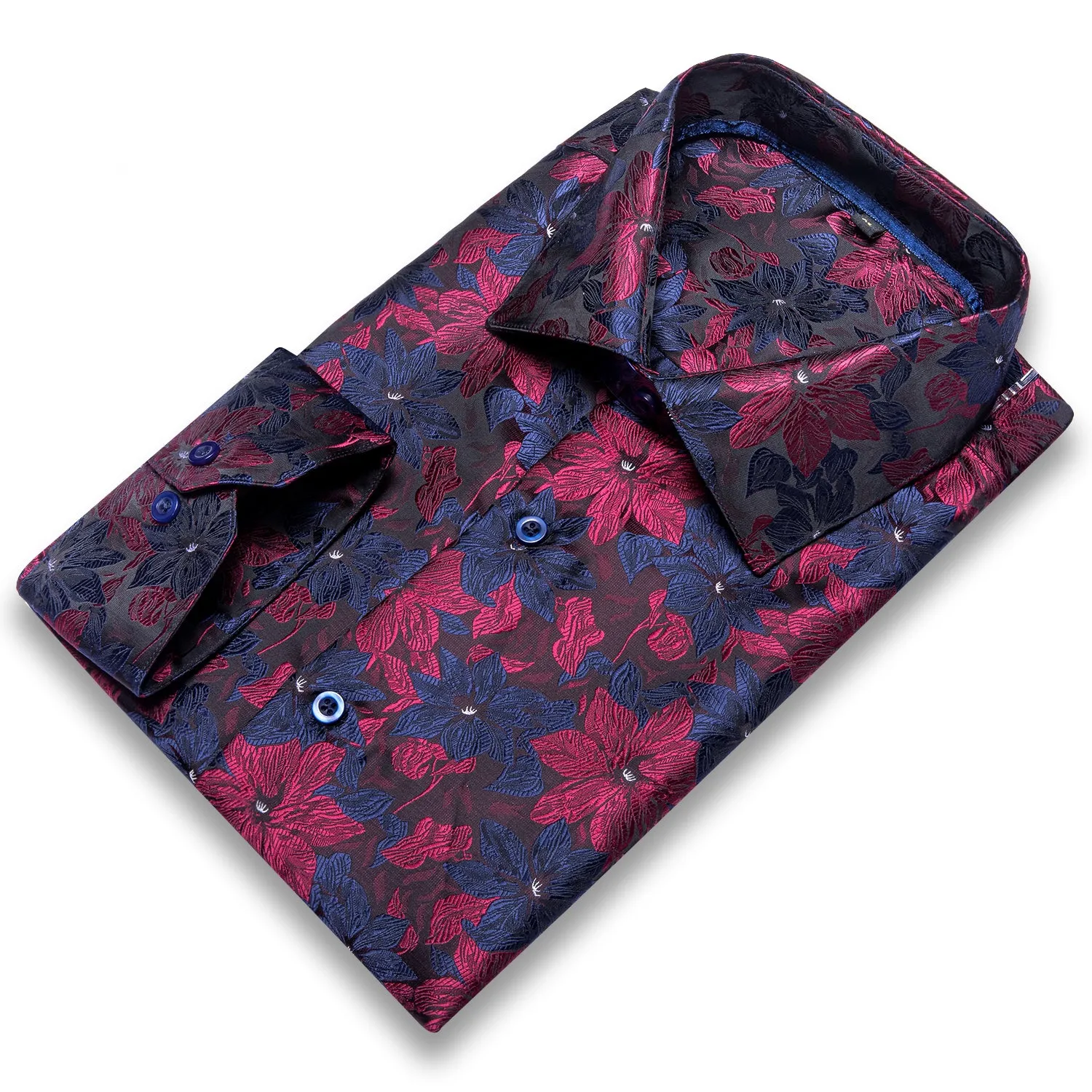 Hi-Tie Red Floral Dinner Mens Top Blue Red Floral Silk Button Up Shirt