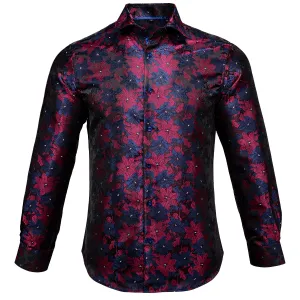 Hi-Tie Red Floral Dinner Mens Top Blue Red Floral Silk Button Up Shirt