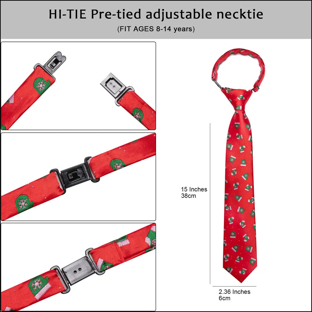 Hi-Tie Red Green Christmas Kid Pre-tied Adjustable Tie Pocket Square