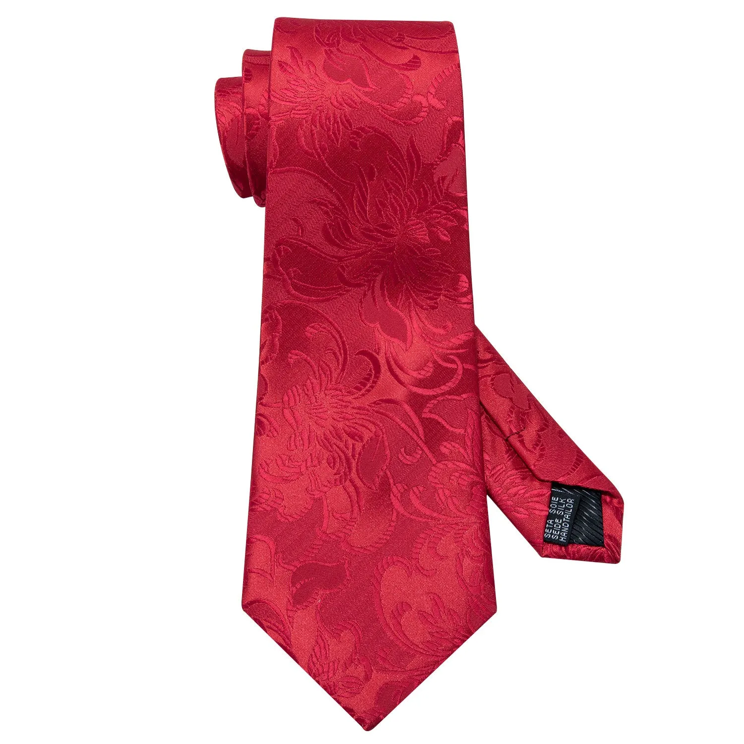 Hi-Tie Red Necktie Wedding Red Floral Tie Pocket Square Cufflinks Set