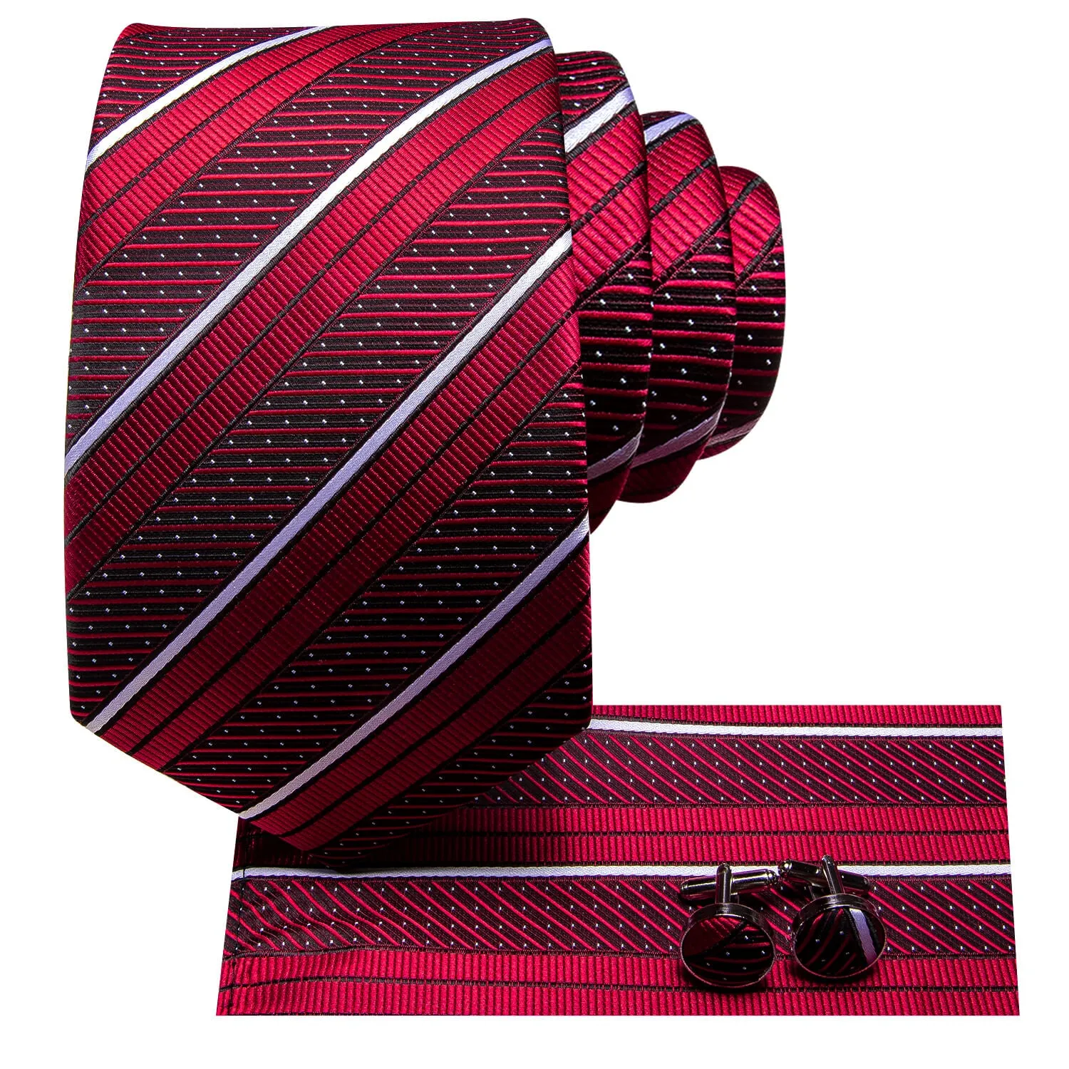 Hi-Tie Red Tie with White Stripes Pocket Square Cufflinks Set