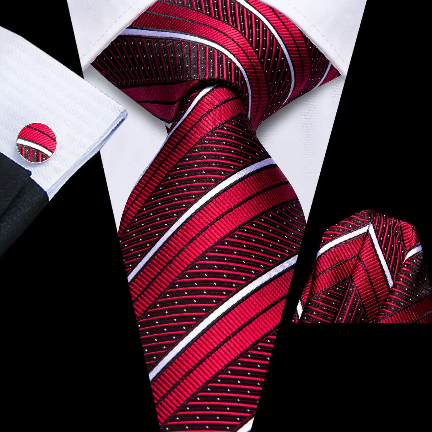 Hi-Tie Red Tie with White Stripes Pocket Square Cufflinks Set