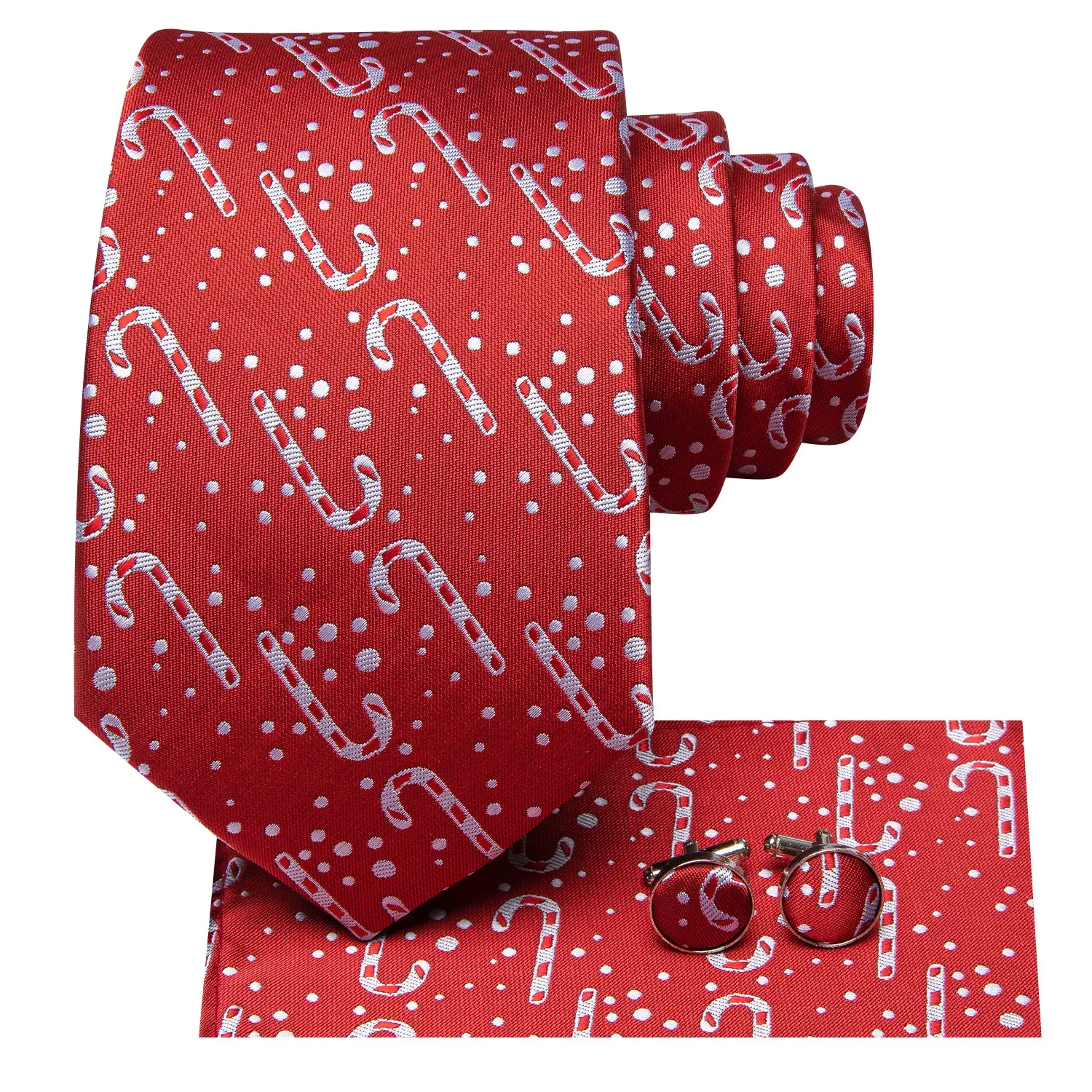 Hi-Tie Red White Dot Crutches Neck Tie Pocket Square Cufflinks Set