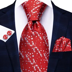 Hi-Tie Red White Dot Crutches Neck Tie Pocket Square Cufflinks Set