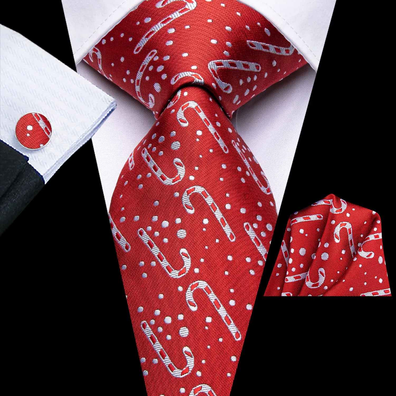 Hi-Tie Red White Dot Crutches Neck Tie Pocket Square Cufflinks Set