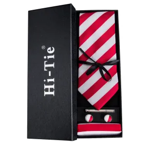 Hi-Tie Red White Striped Tie Pocket Square Cufflinks Set Gift Box Set