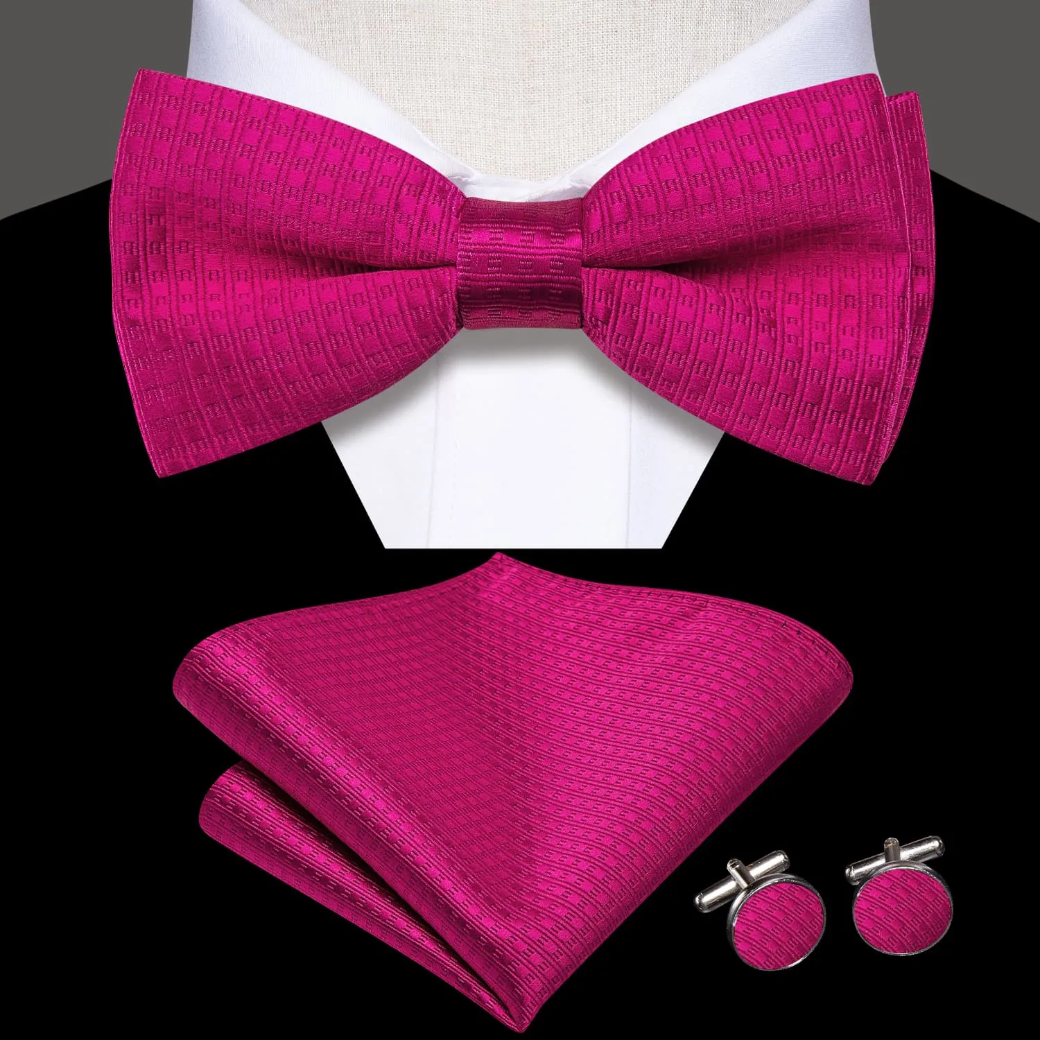 Hi-Tie Wivid Cerise Color Pre-Tied Bowtie Hanky Cufflinks Set  for Men