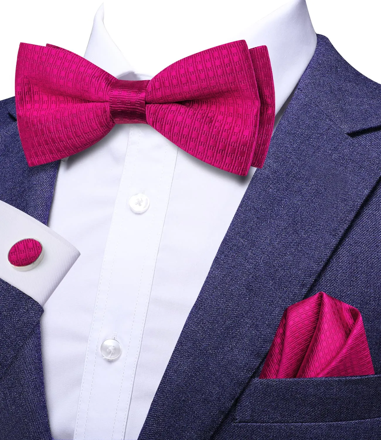 Hi-Tie Wivid Cerise Color Pre-Tied Bowtie Hanky Cufflinks Set  for Men