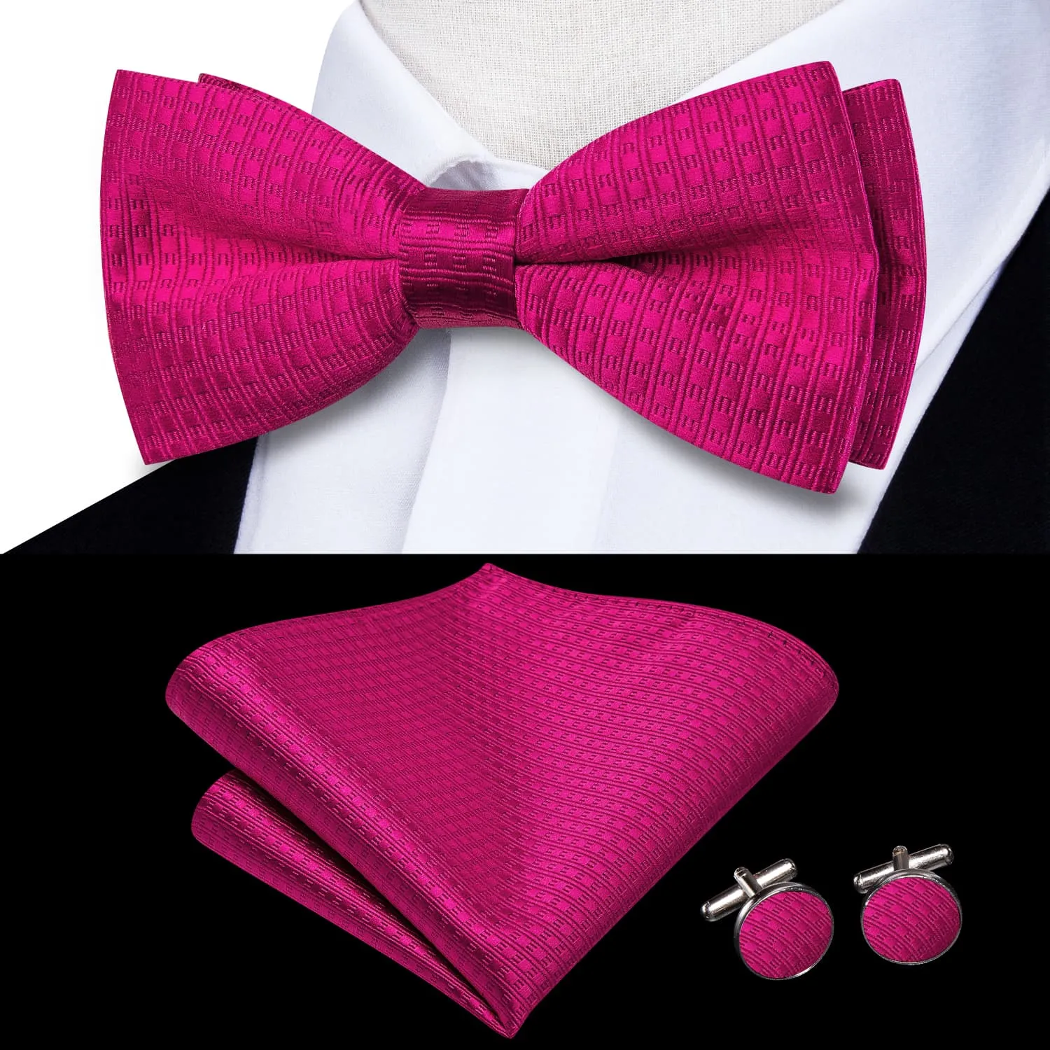 Hi-Tie Wivid Cerise Color Pre-Tied Bowtie Hanky Cufflinks Set  for Men