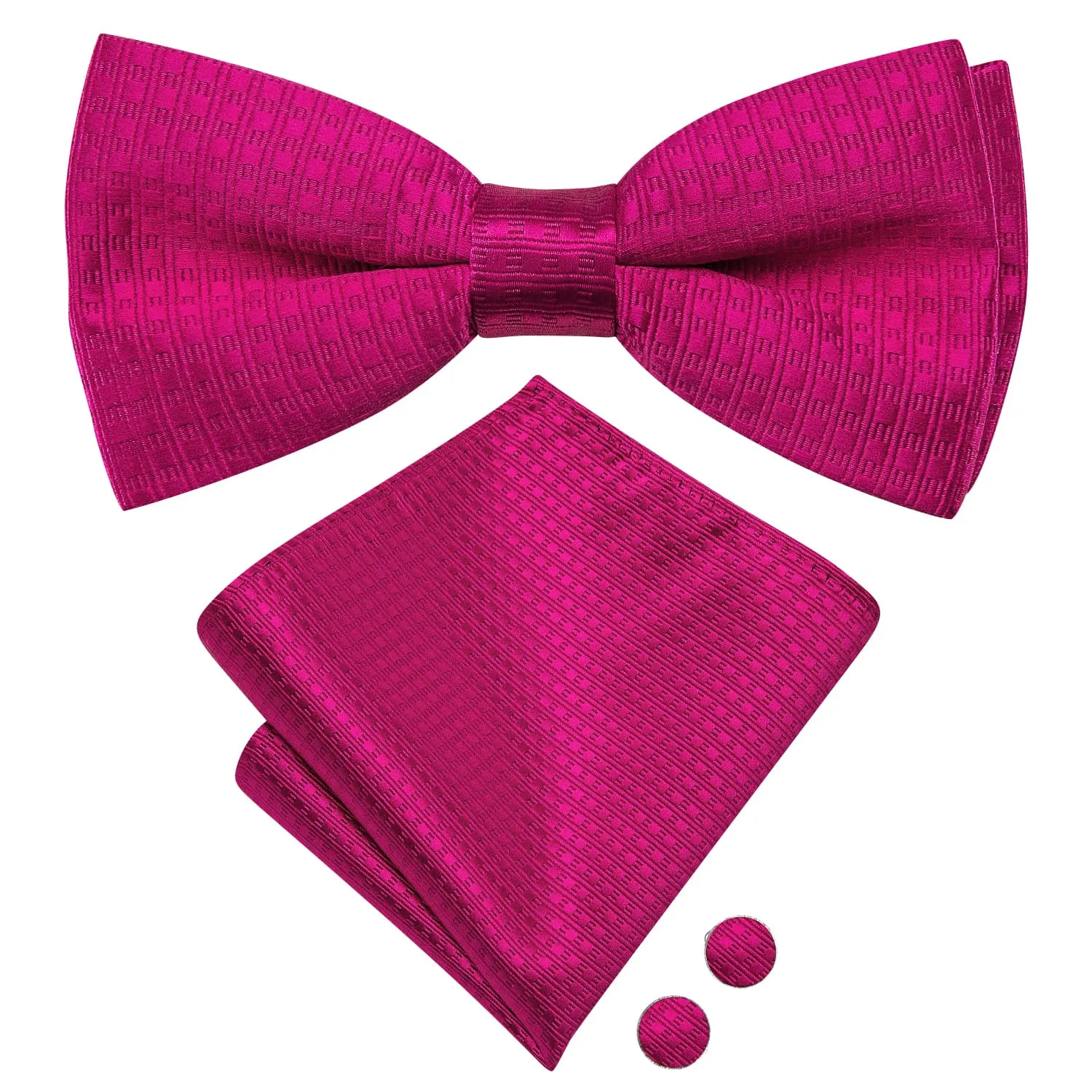 Hi-Tie Wivid Cerise Color Pre-Tied Bowtie Hanky Cufflinks Set  for Men