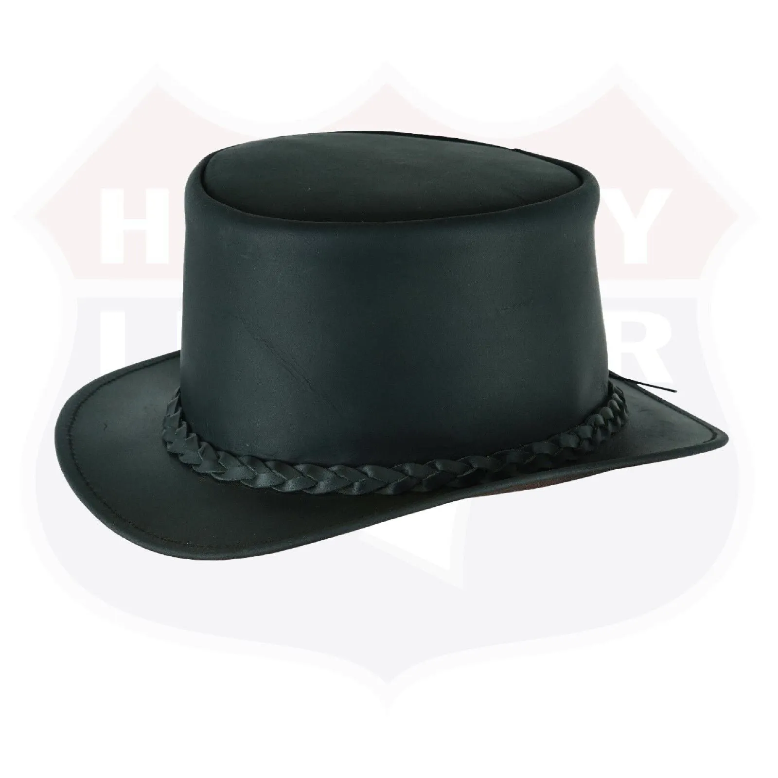 HL80111BLK-BRAID Handcrafted Black Leather TOP HAT shapeable brim and crown