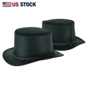 HL80111BLK-BRAID Handcrafted Black Leather TOP HAT shapeable brim and crown