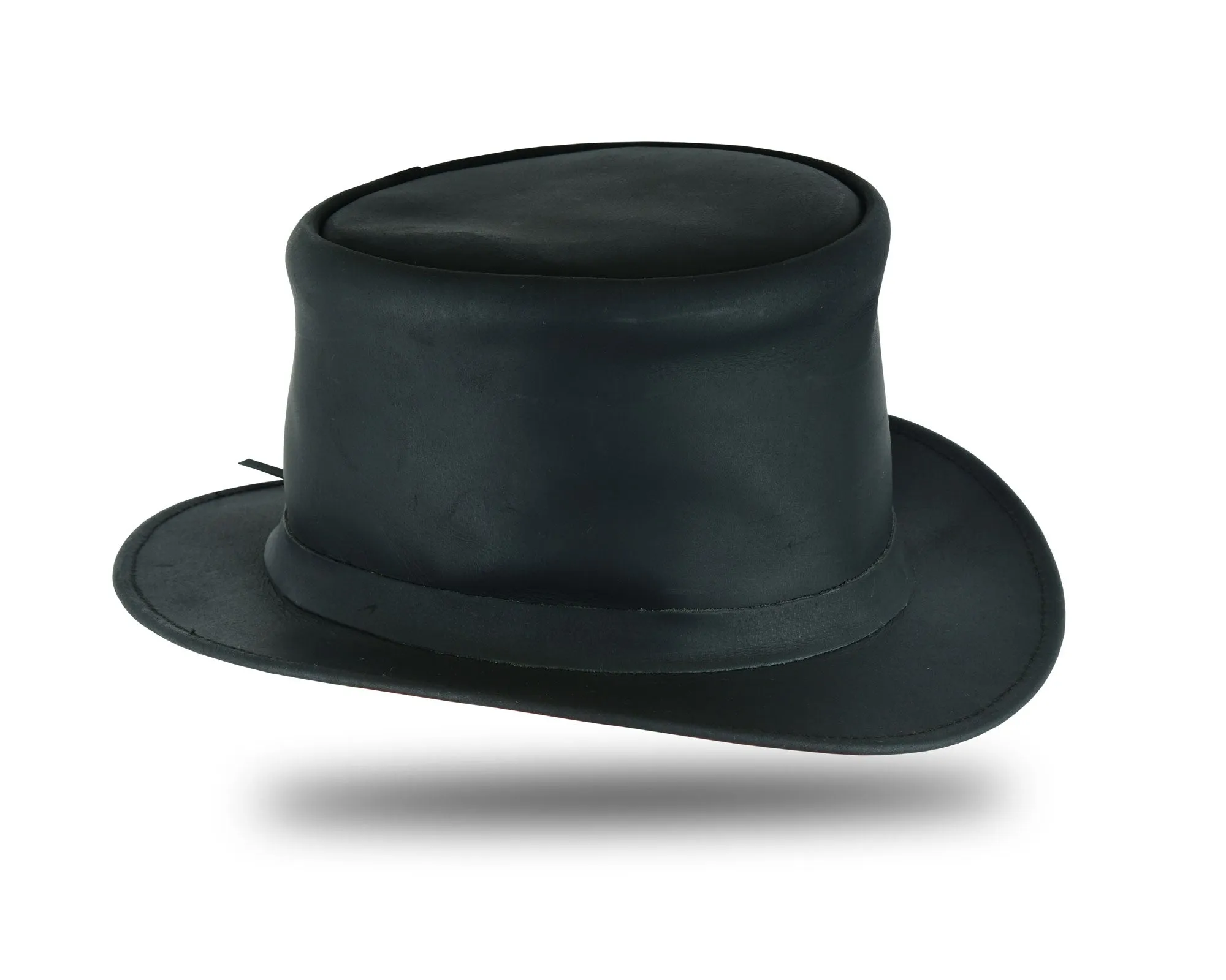 HL80111BLK  Handcrafted Black Leather TOP HAT shapeable brim and crown