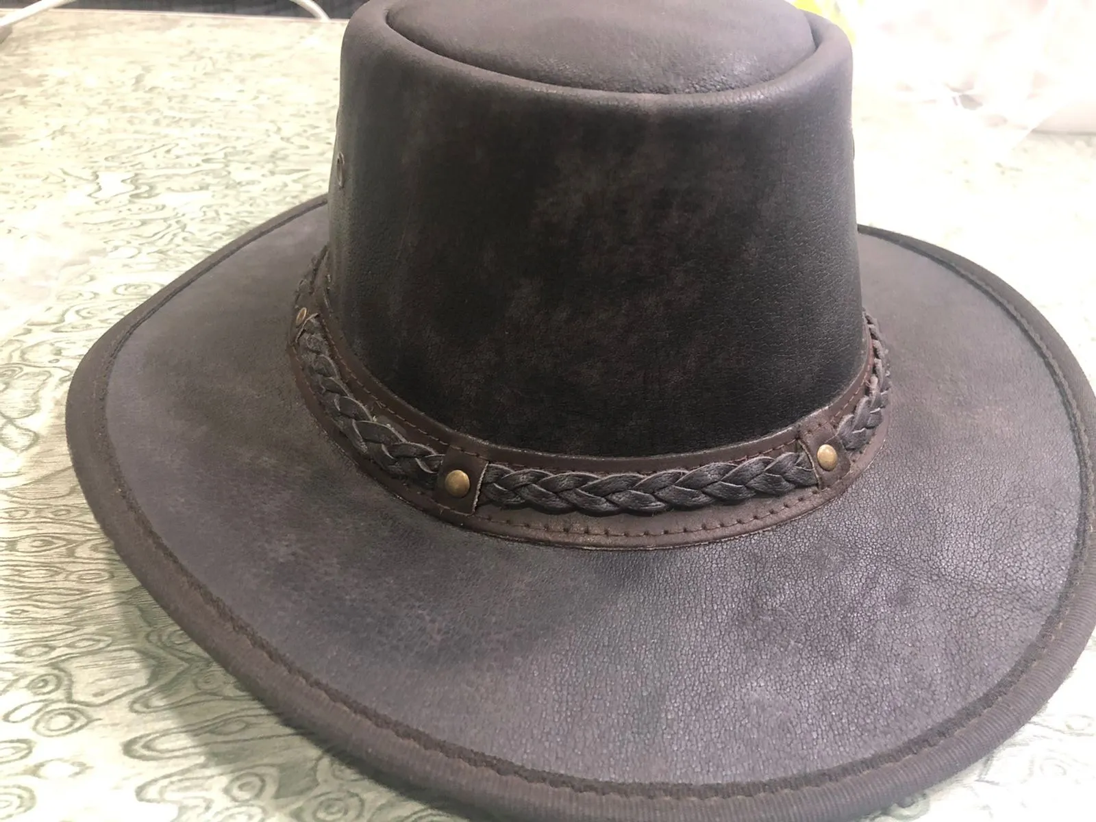 HL80112 BROWN - Handcrafted Brown Leather TOP HAT shapeable brim