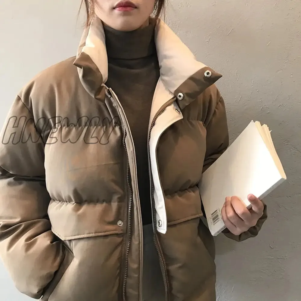 Hnewly ladies winter solid down Jacket women oversize loose coat stand-up collar thick warm causal chic parka new style