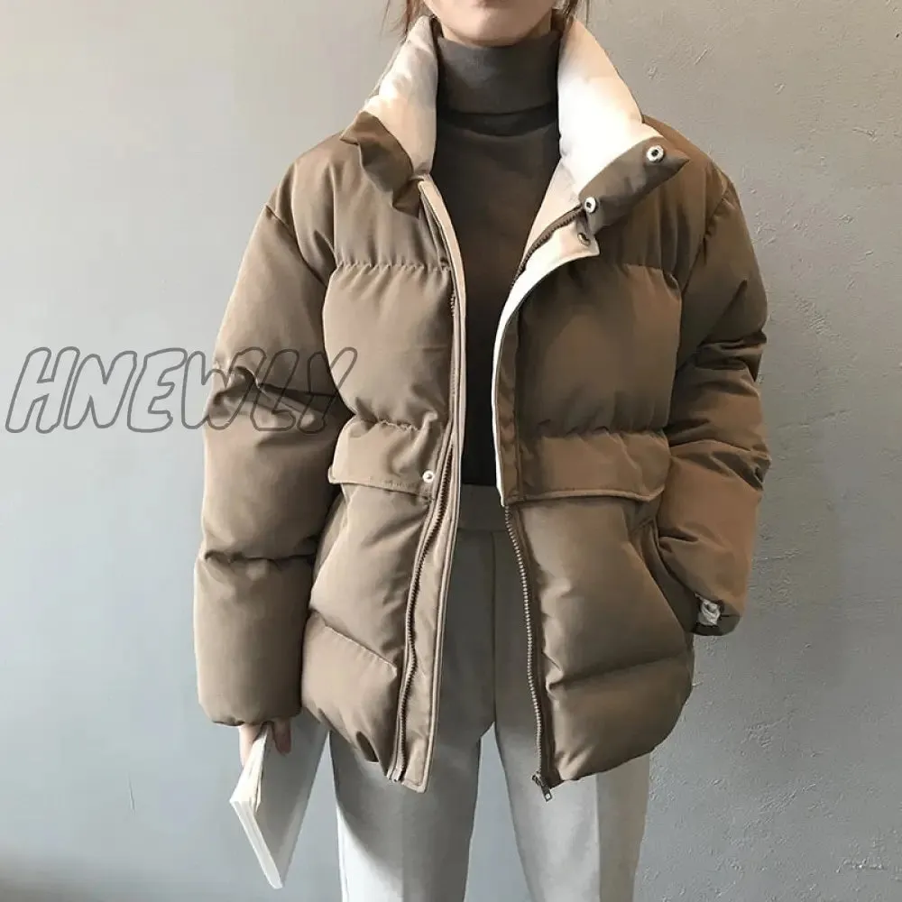 Hnewly ladies winter solid down Jacket women oversize loose coat stand-up collar thick warm causal chic parka new style