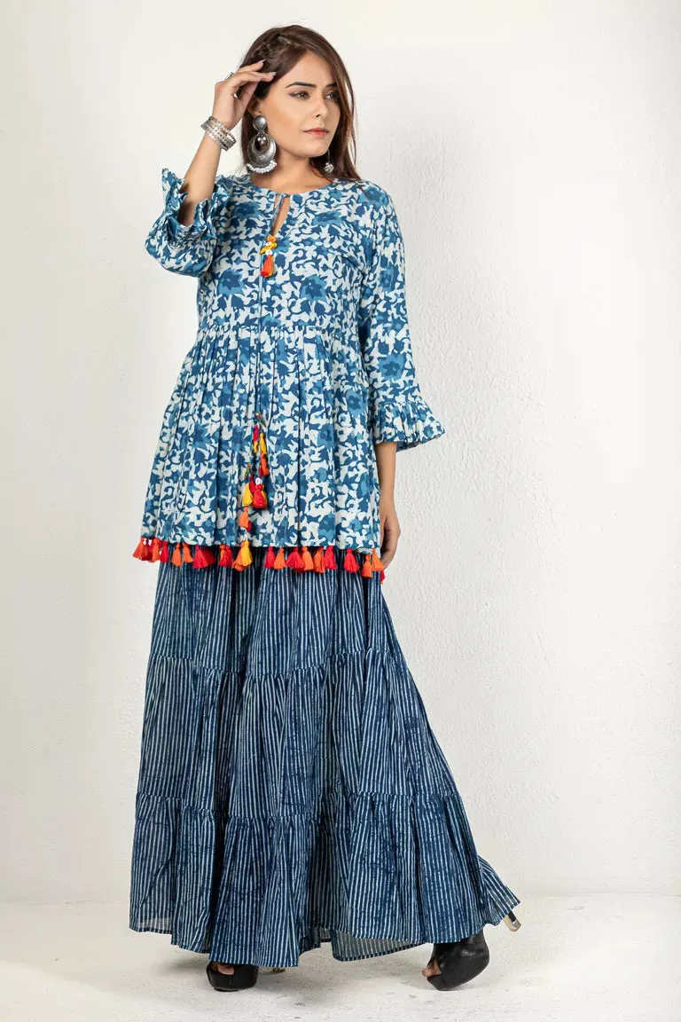 Indigo Hand Block Dabu Printed Top & Sharara Set