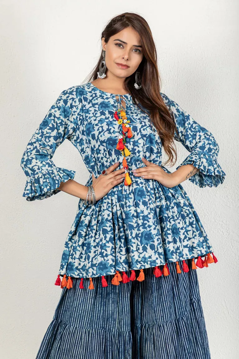 Indigo Hand Block Dabu Printed Top & Sharara Set