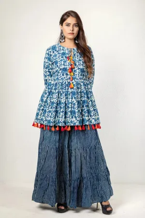 Indigo Hand Block Dabu Printed Top & Sharara Set