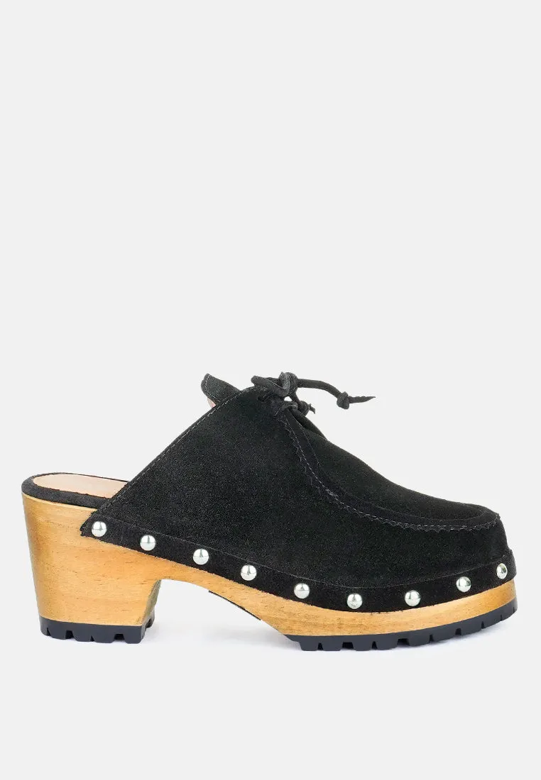 IROKO Black Suede Tie Detail Stud Clogs