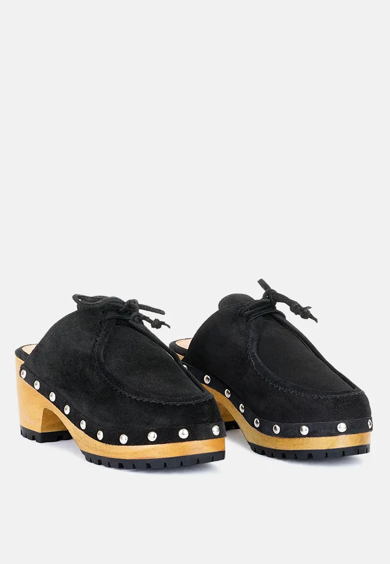 IROKO Black Suede Tie Detail Stud Clogs