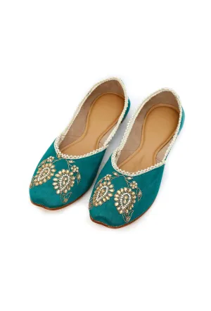 Juhi Teal Raw Silk Zardozi Juttis