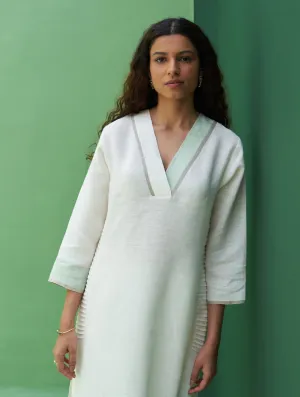 June Border Linen Pleated Kurta - Ivory