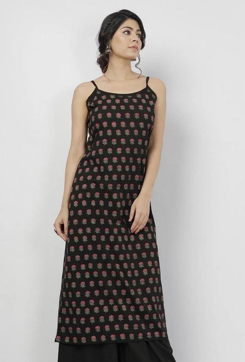 Kani Black Floral Buti Hand-Block Printed Cotton Slip