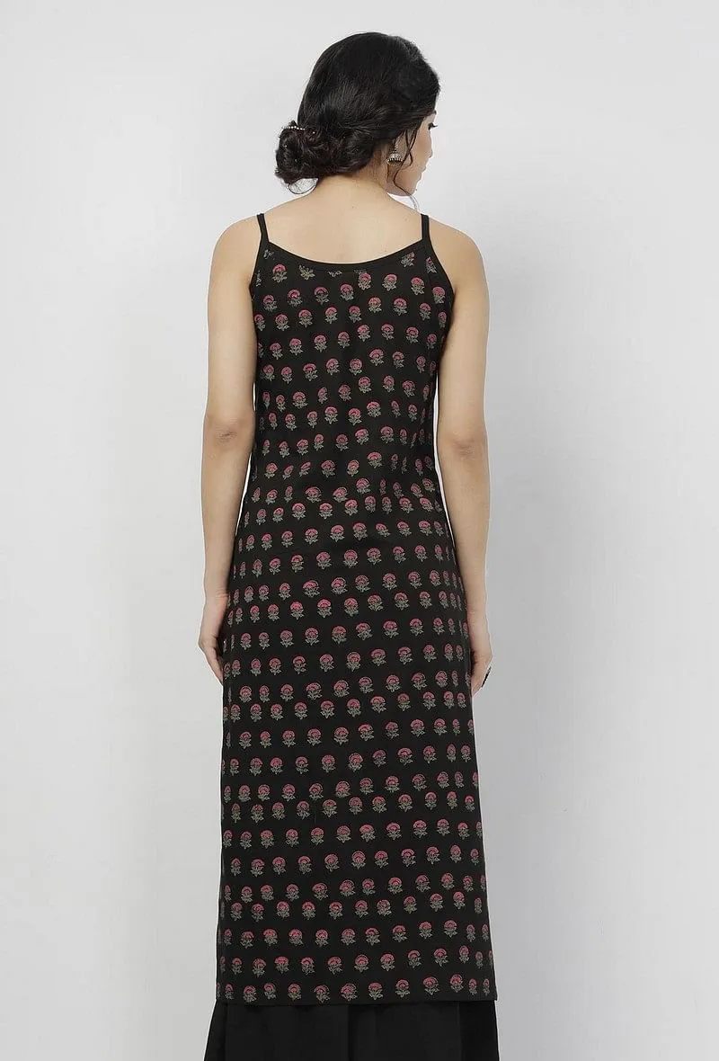 Kani Black Floral Buti Hand-Block Printed Cotton Slip