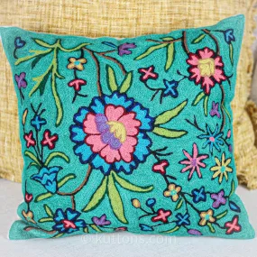 Kashmiri Ari Embroidery Handcrafted Cushion Cover - Cotton & Wool | Green Pillow, 16x16"