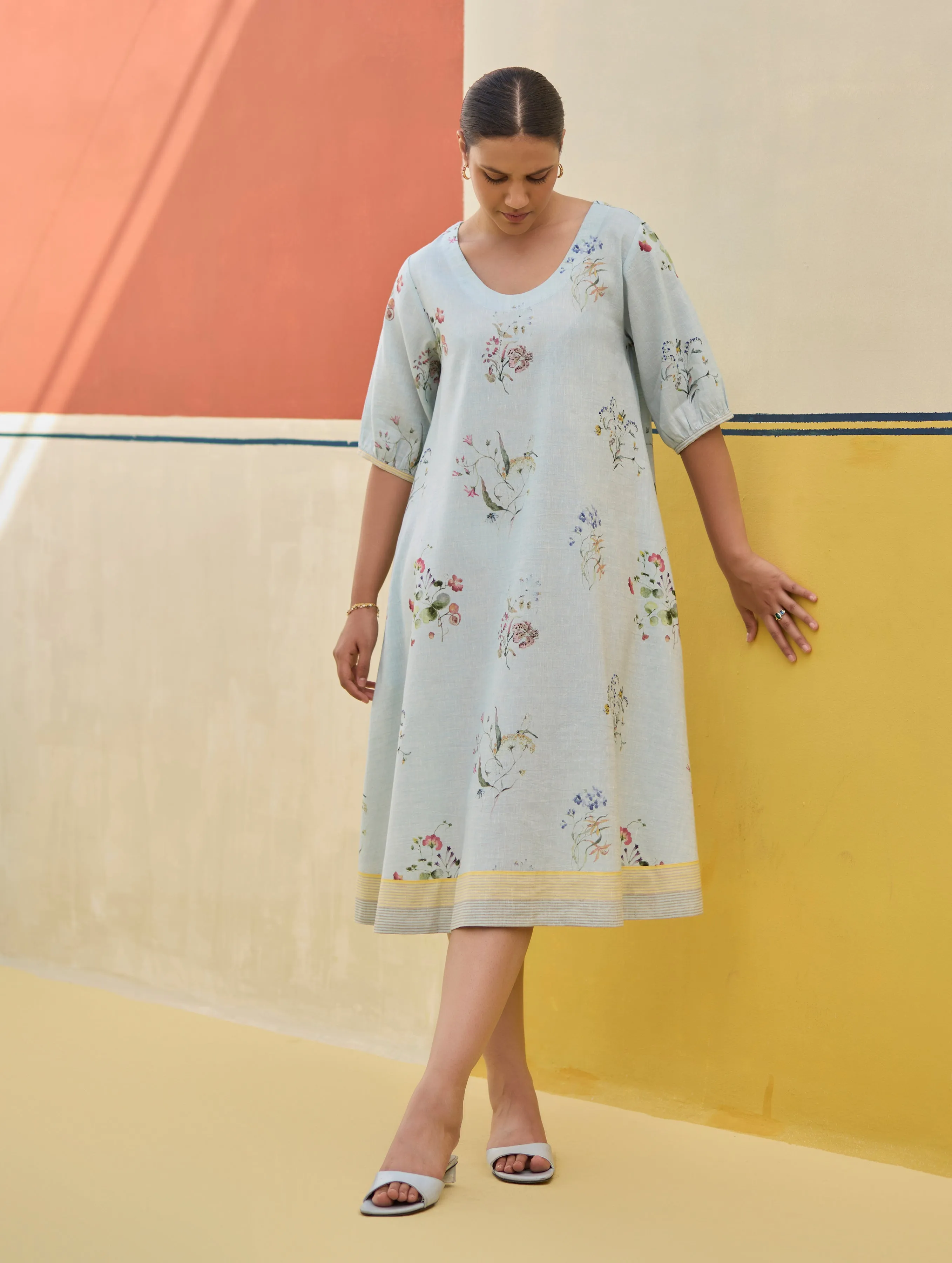 Kaya Floral Linen Dress With Overlay - Sky