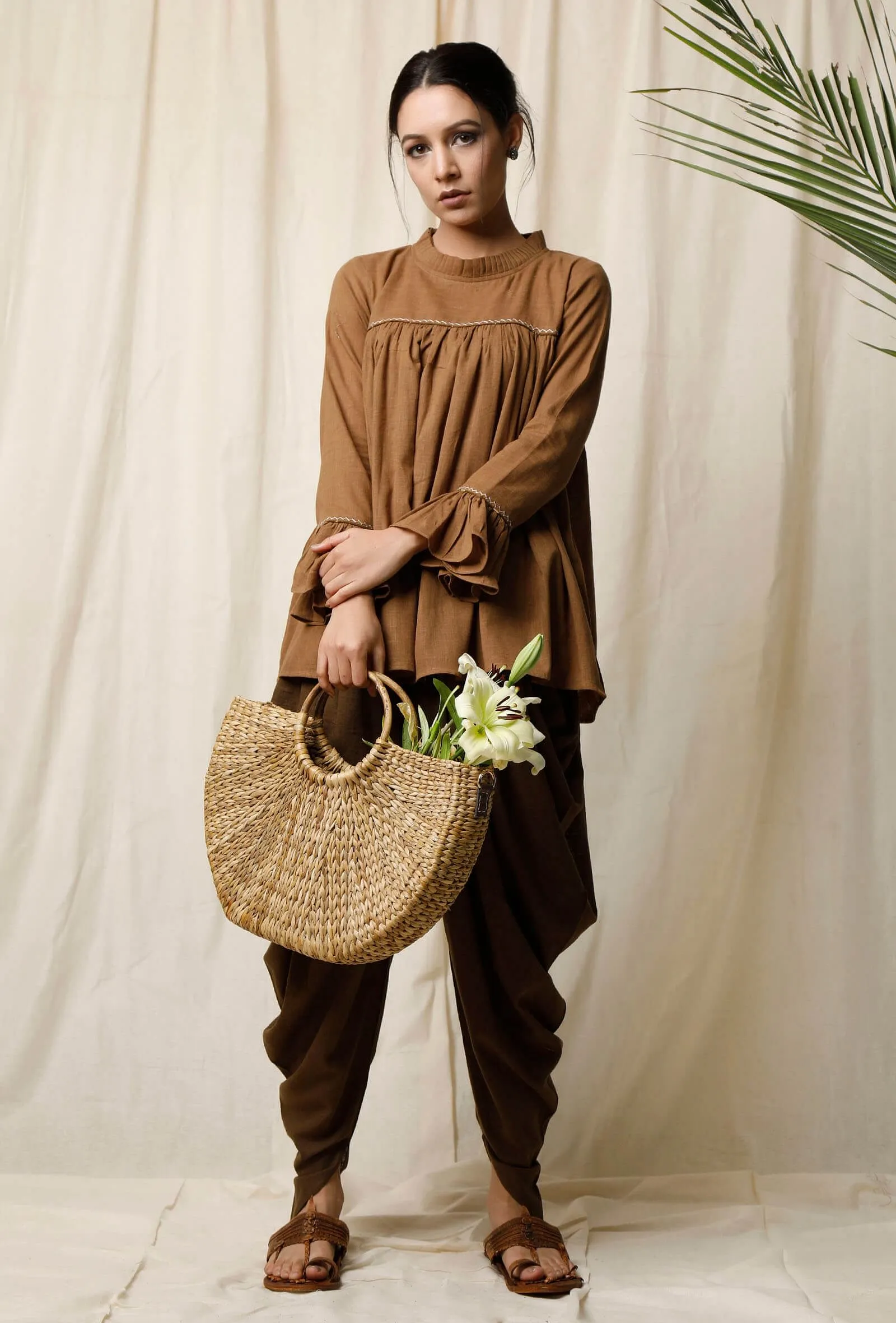 Khaki Cotton Slub Gathered Top