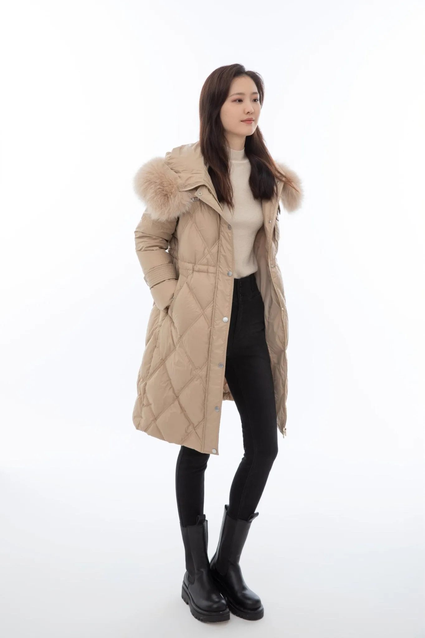 Khaki Fur Collar Down Jacket