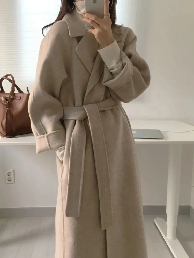 Long Woolen Coat Women. Outerwear Ladies Casual Loose Chic Coats