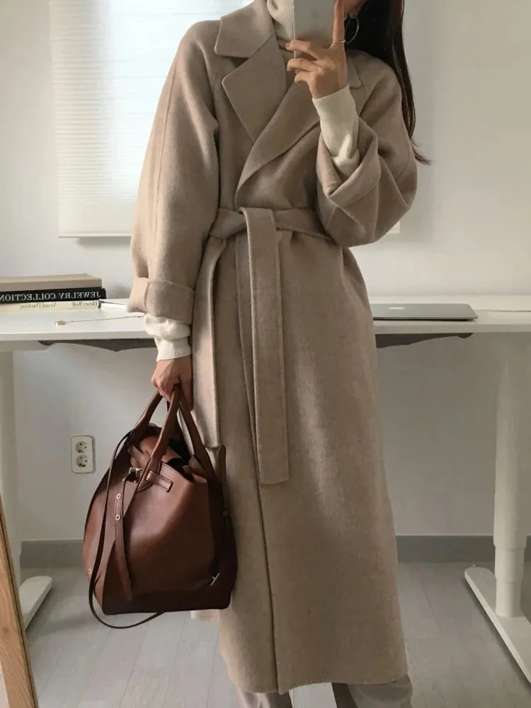 Long Woolen Coat Women. Outerwear Ladies Casual Loose Chic Coats